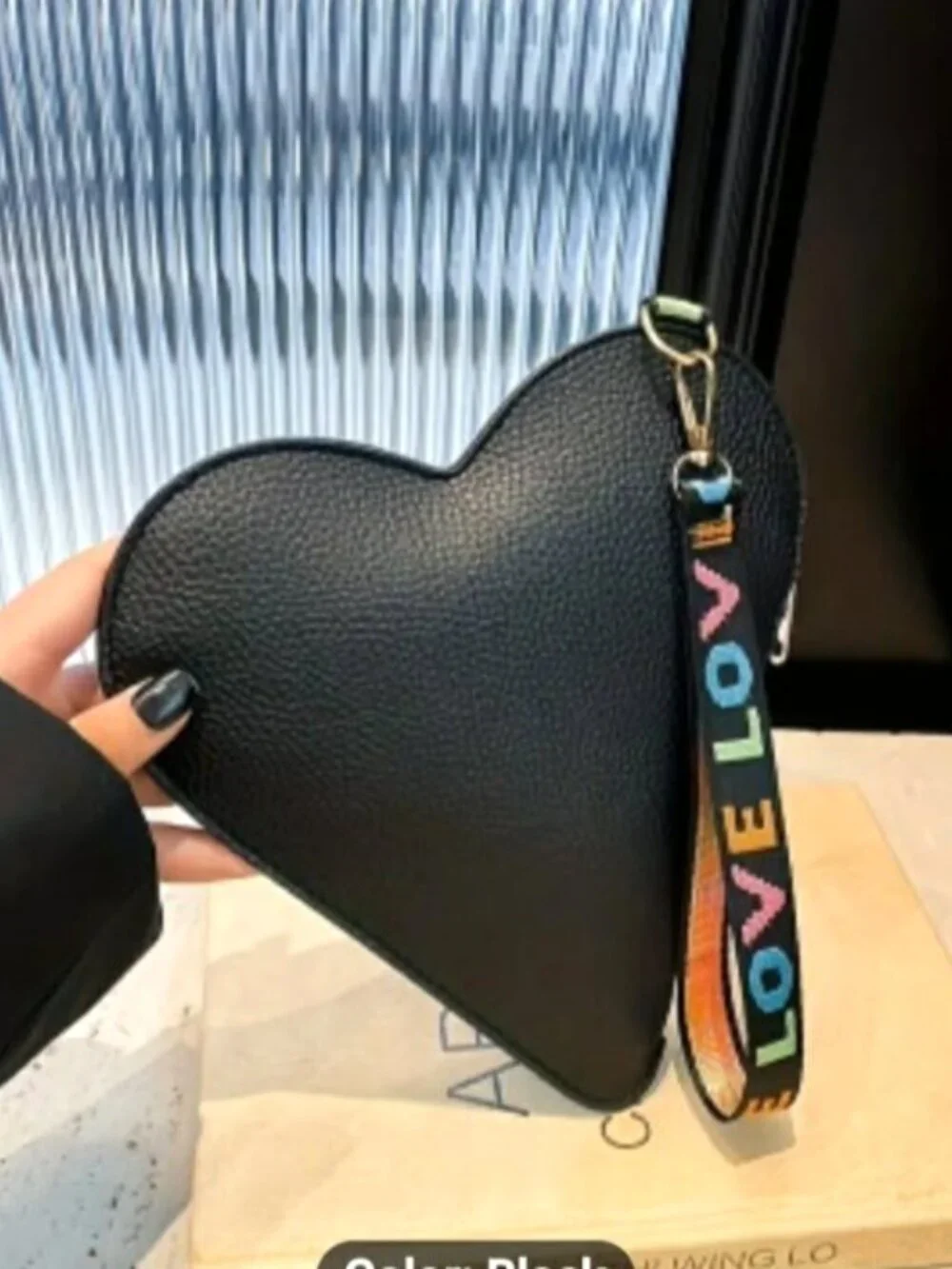 Black Heart Shaped Faux Leather Clutch Wristlet Purse Love Strap